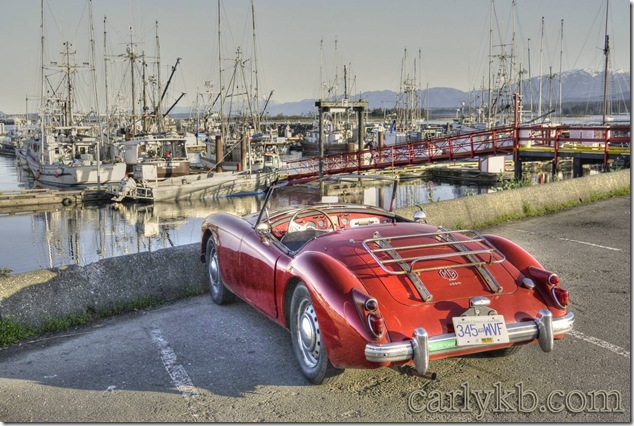 Comox,marina,fishing boats,Salish Sea,Vancouver Island,MG,sports car