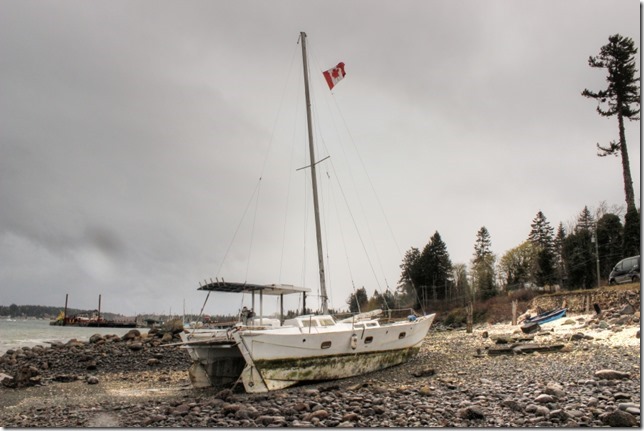 Fanny Bay,trimaran,wrecked boats,ocean,Baynes Sound,beach,wind,storm,ships