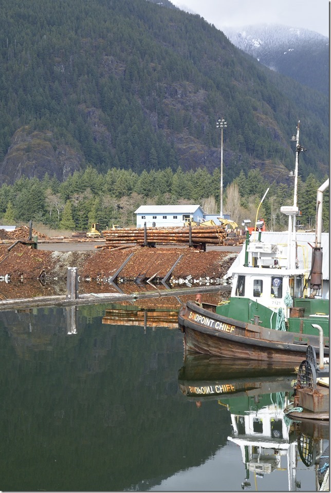 Gold River,British Columbia,Vancouver Island,ocean,Highway 28,logging,ships,dozer boats,logs,log sort