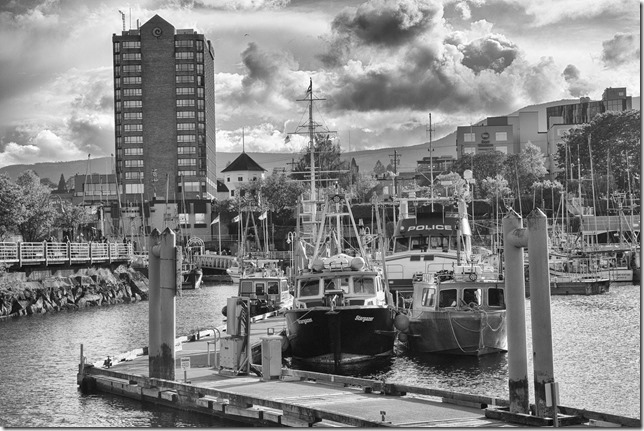 Nanaimo,spring,history,fish boat,clouds,police boat,black and white