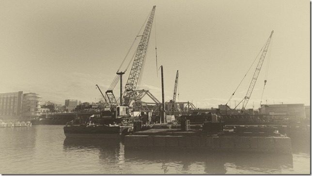 bridges,cranes,industry,Victoria,Johnson Street Bridge,ships,fish boat,Fauxtoart,construction site