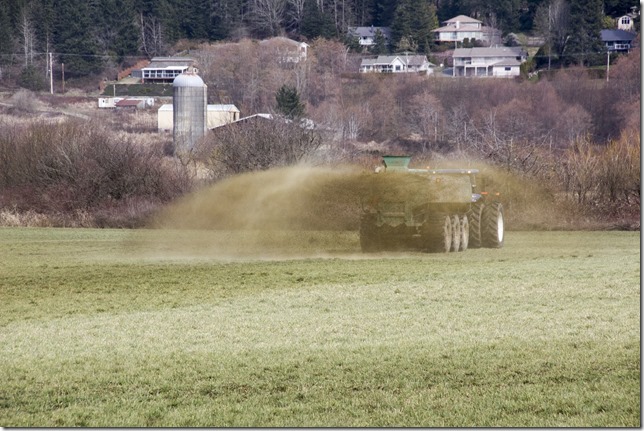 Liquid manure being spread on the fields at the Comox Bay Farm